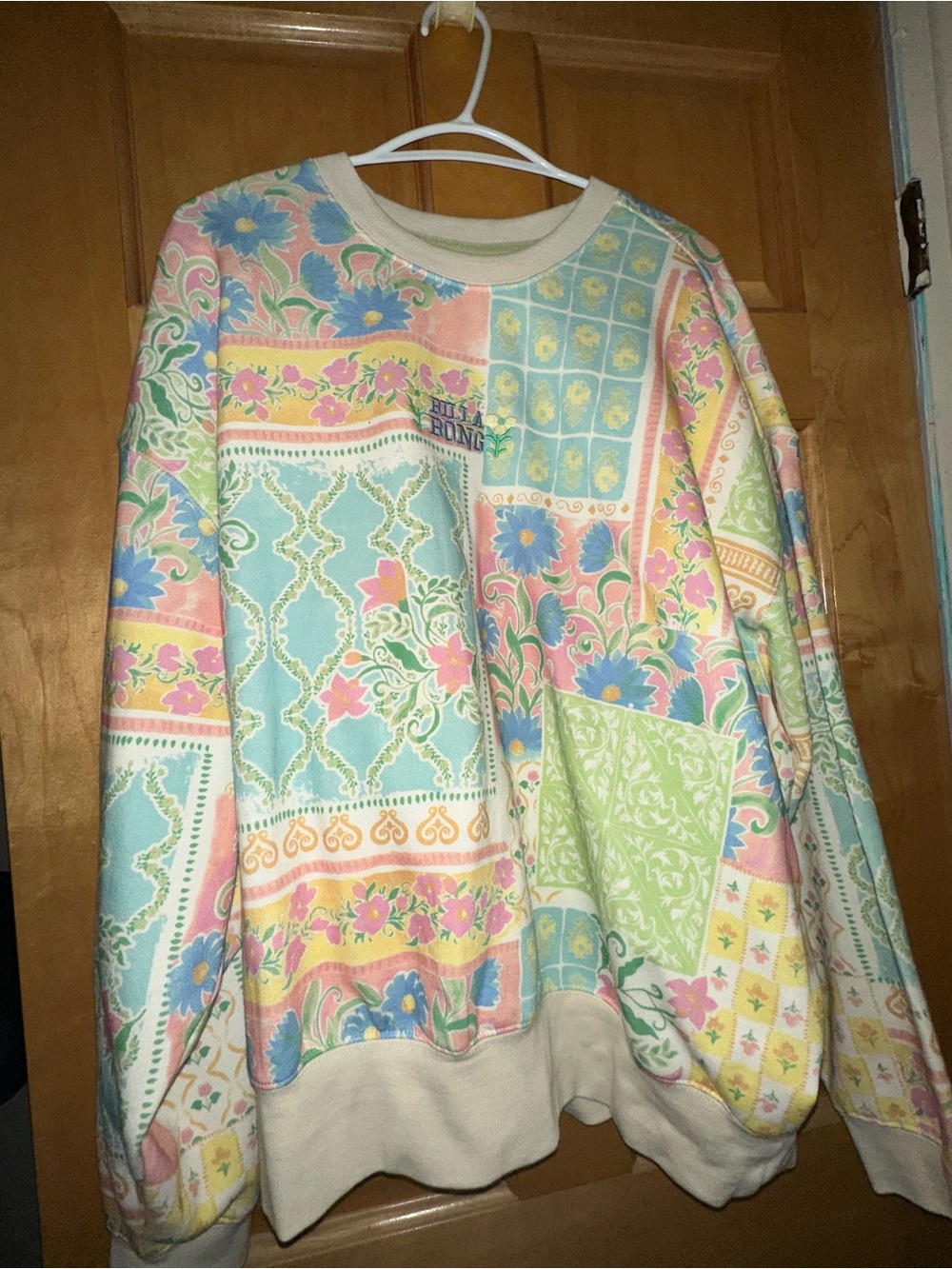 Billabong Pastel Patchwork Floral Crewneck - Pink, Blue, Green, Cream